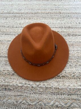 Rust Brown Wool Fedora Hat with Decorative Band